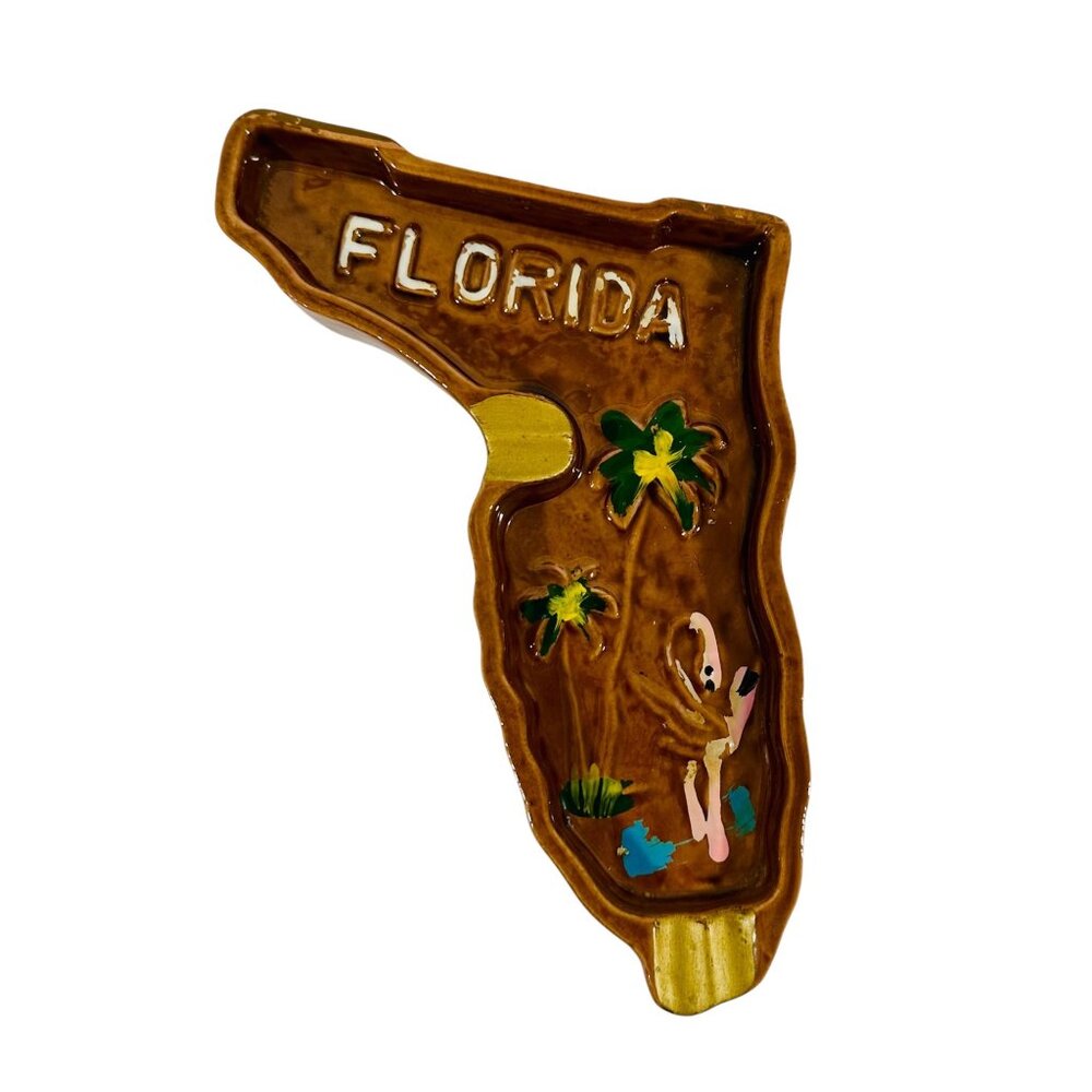 Vintage Florida Shaped Ceramic Ashtray Tropical Design Flamingo Palm Trees